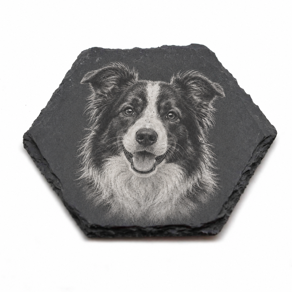 A hexagonal dark slate coaster featuring a detailed black and white sketch of a dog's face, shown on a plain white background.
