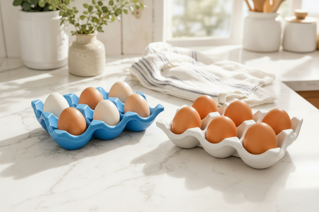 A side-by-side comparison of two egg cartons on a marble countertop. The left carton is bright blue and holds five brown and two white eggs.