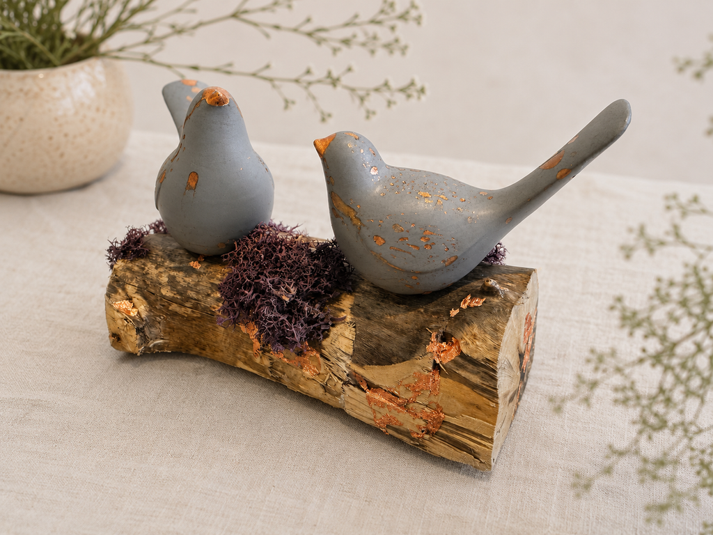 Copper-Leafed Jesmonite on Driftwood Bird Sculpture – shown with matching pieces, Croft & Cleo