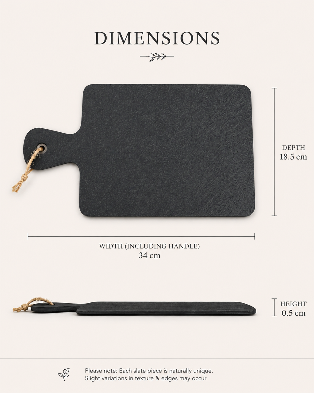 A black slate serving board with a handle and rope loop, shown with dimension labels indicating width 34 cm, depth 18.5 cm, and height 0.5