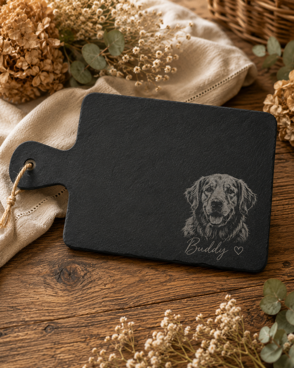A dark charcoal slate cutting board with a handle, featuring an engraved portrait of a golden retriever and the name 'Buddy' with a heart. The board is styled on a rustic wooden table with a beige linen cloth and dried flowers.