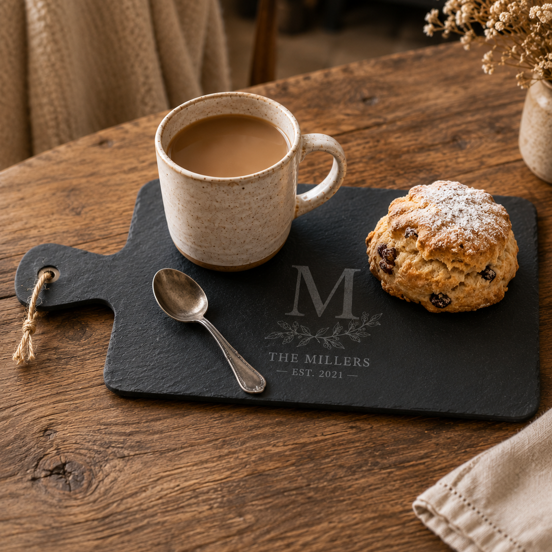 A black slate serving board on a rustic wooden table, styled with a ceramic mug of coffee, a spoon, and a scone dusted with powdered sugar. The board is engraved with a large monogram 'M', the name 'THE MILLERS', and 'EST.