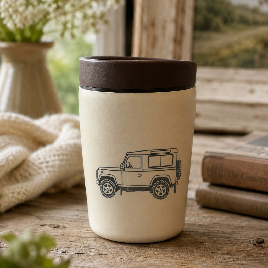 Engraved Land Rover Defender Stainless Steel Travel Mug & Bottle – styled lifestyle photo, Croft & Cleo