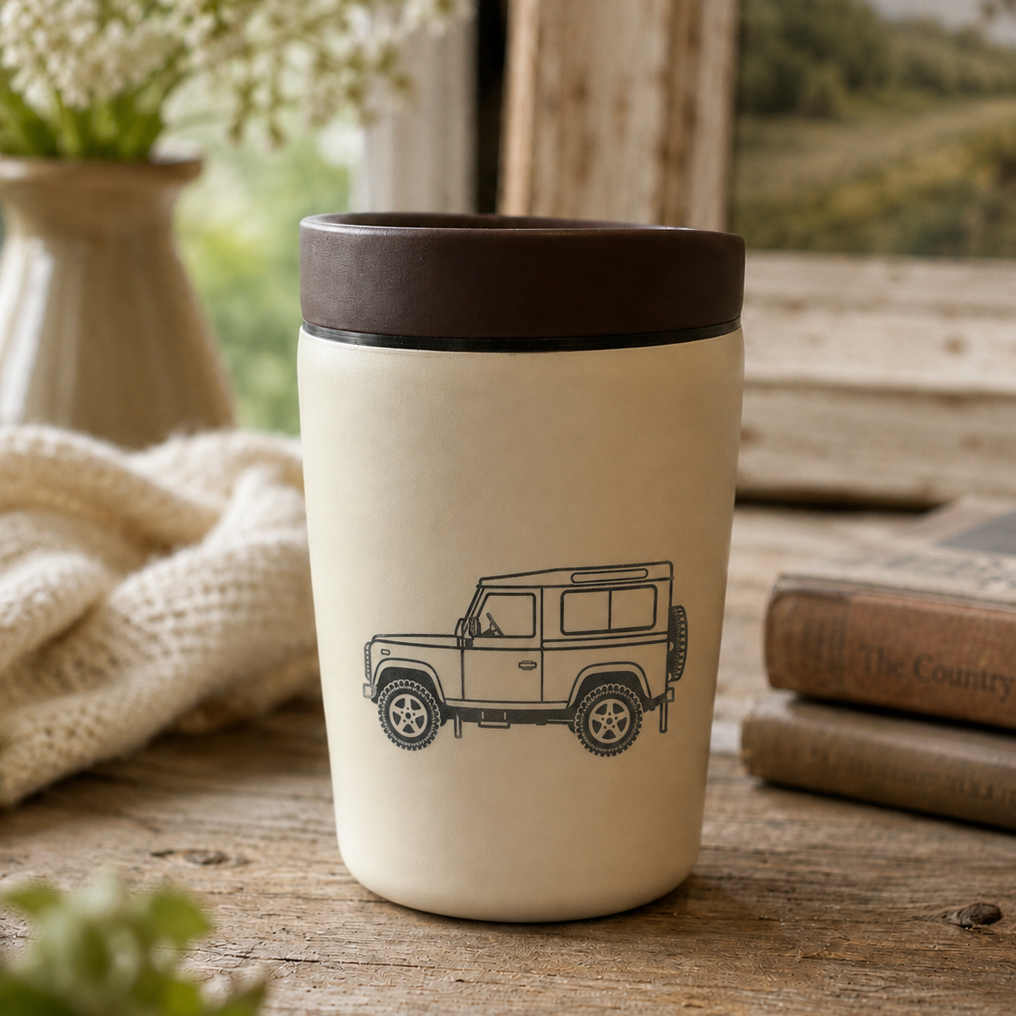 Engraved Land Rover Defender Stainless Steel Travel Mug & Bottle – styled lifestyle photo, Croft & Cleo