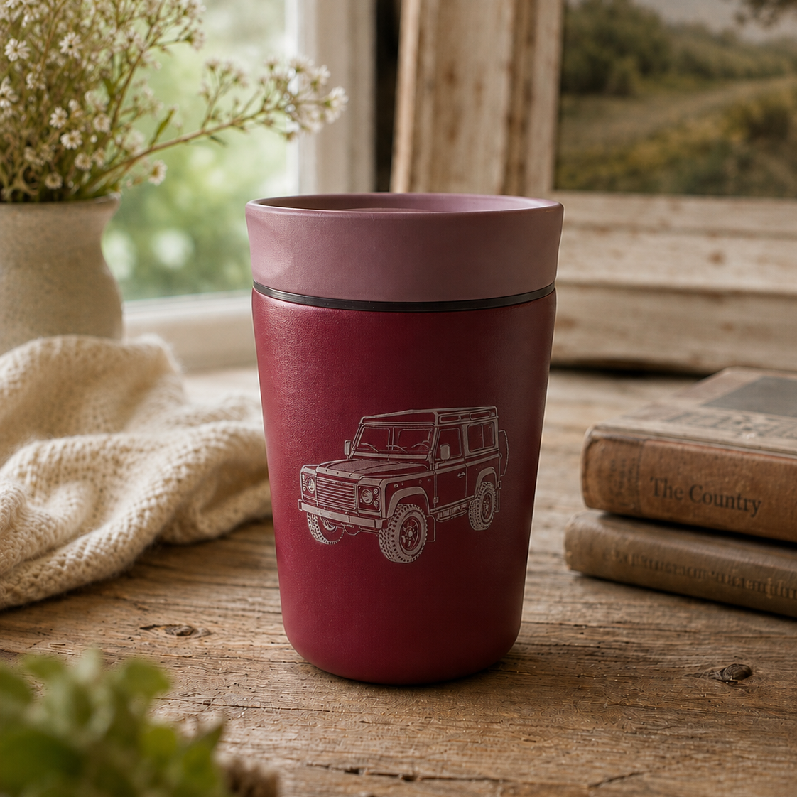 A matte burgundy insulated tumbler with a matching lid sits on a rustic wooden table. The tumbler features a white line-art engraving of a Land Rover vehicle.