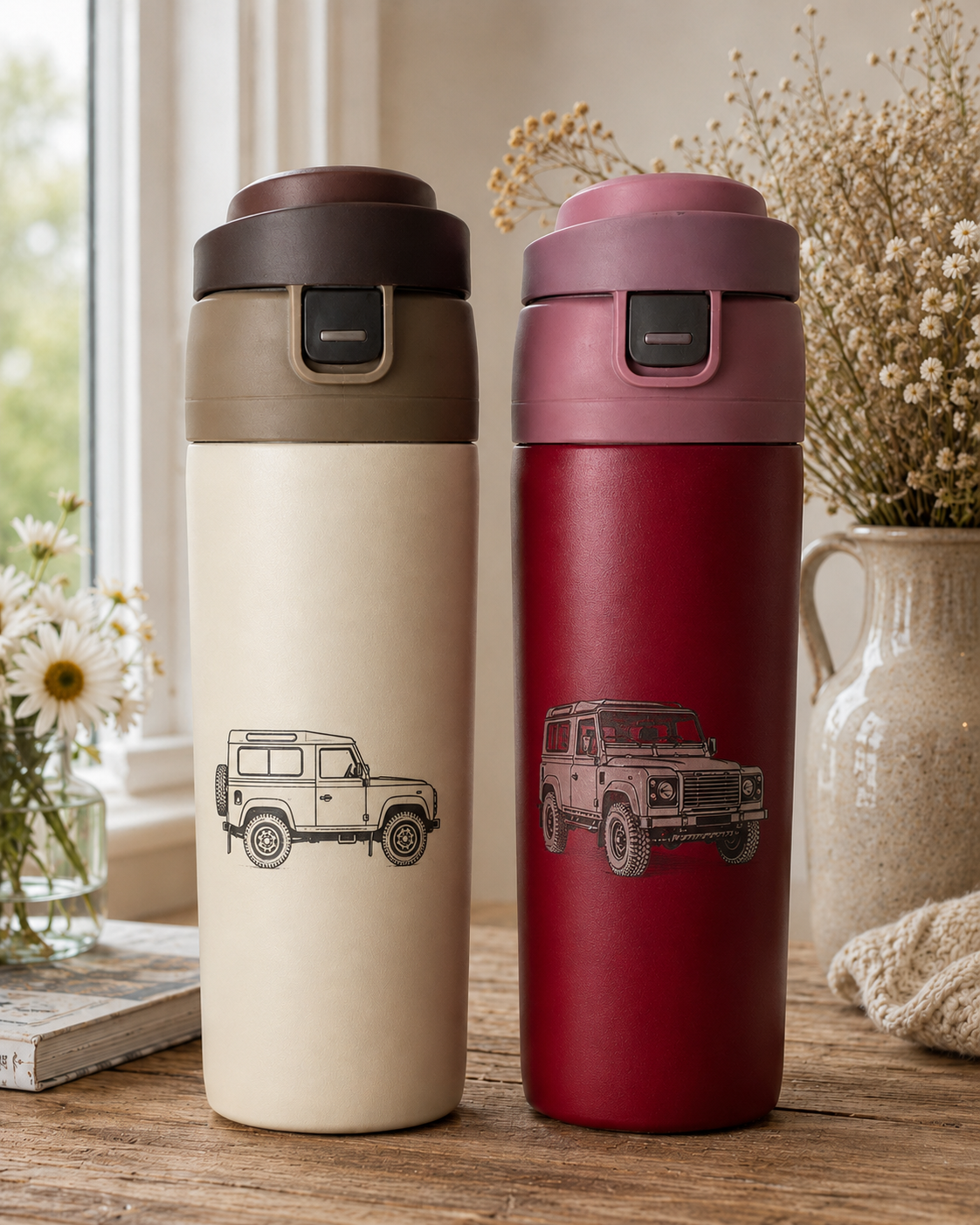 Engraved Land Rover Defender Stainless Steel Travel Mug & Bottle – alternate angle, Croft & Cleo