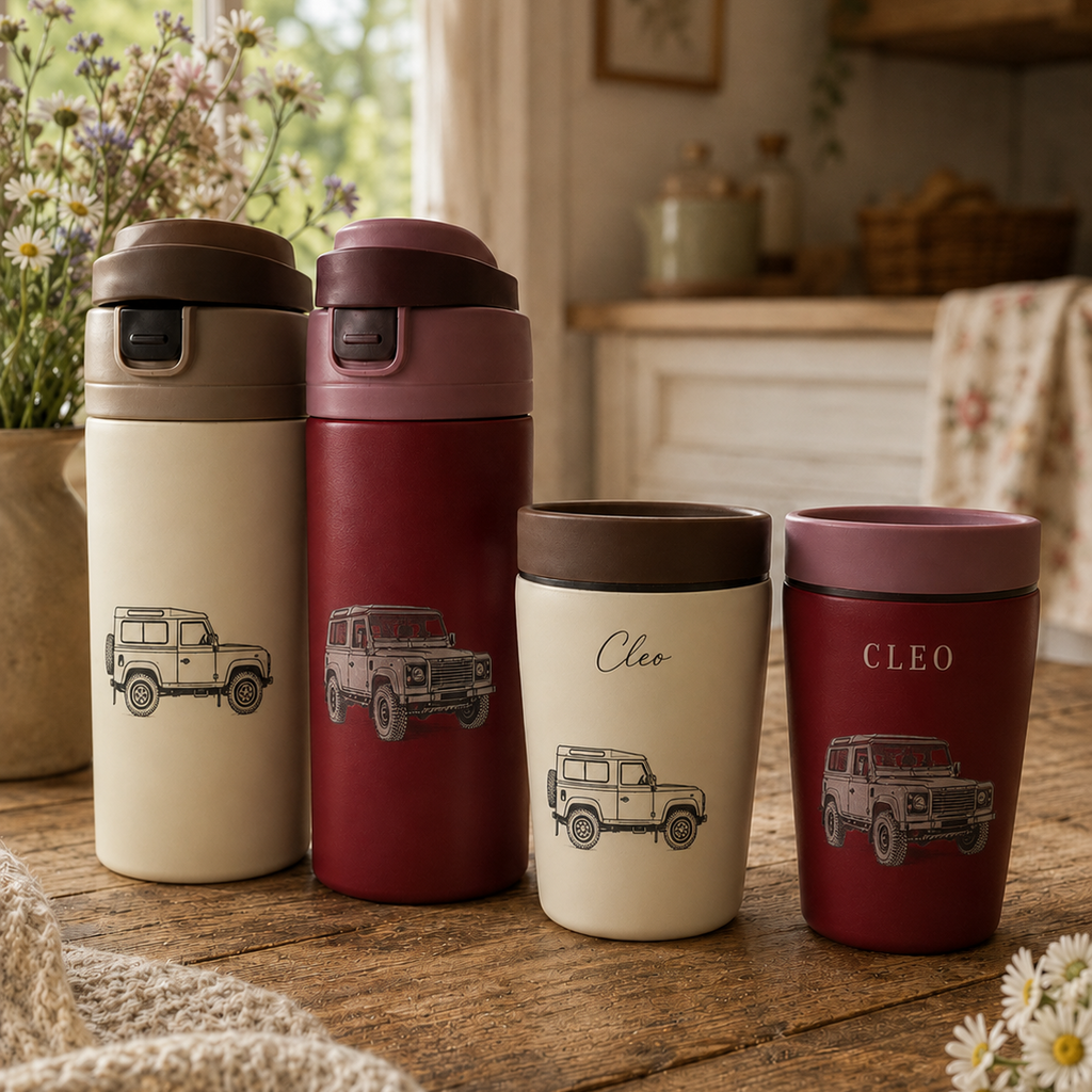 Engraved Land Rover Defender Stainless Steel Travel Mug & Bottle – close-up detail, Croft & Cleo