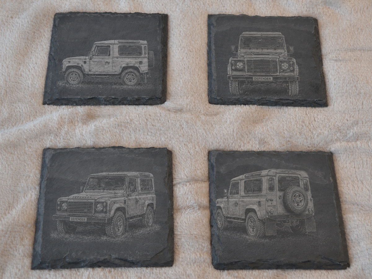 Highland Farmhouse Gift Land Rover Defender Slate Coasters – styled lifestyle photo, Croft & Cleo