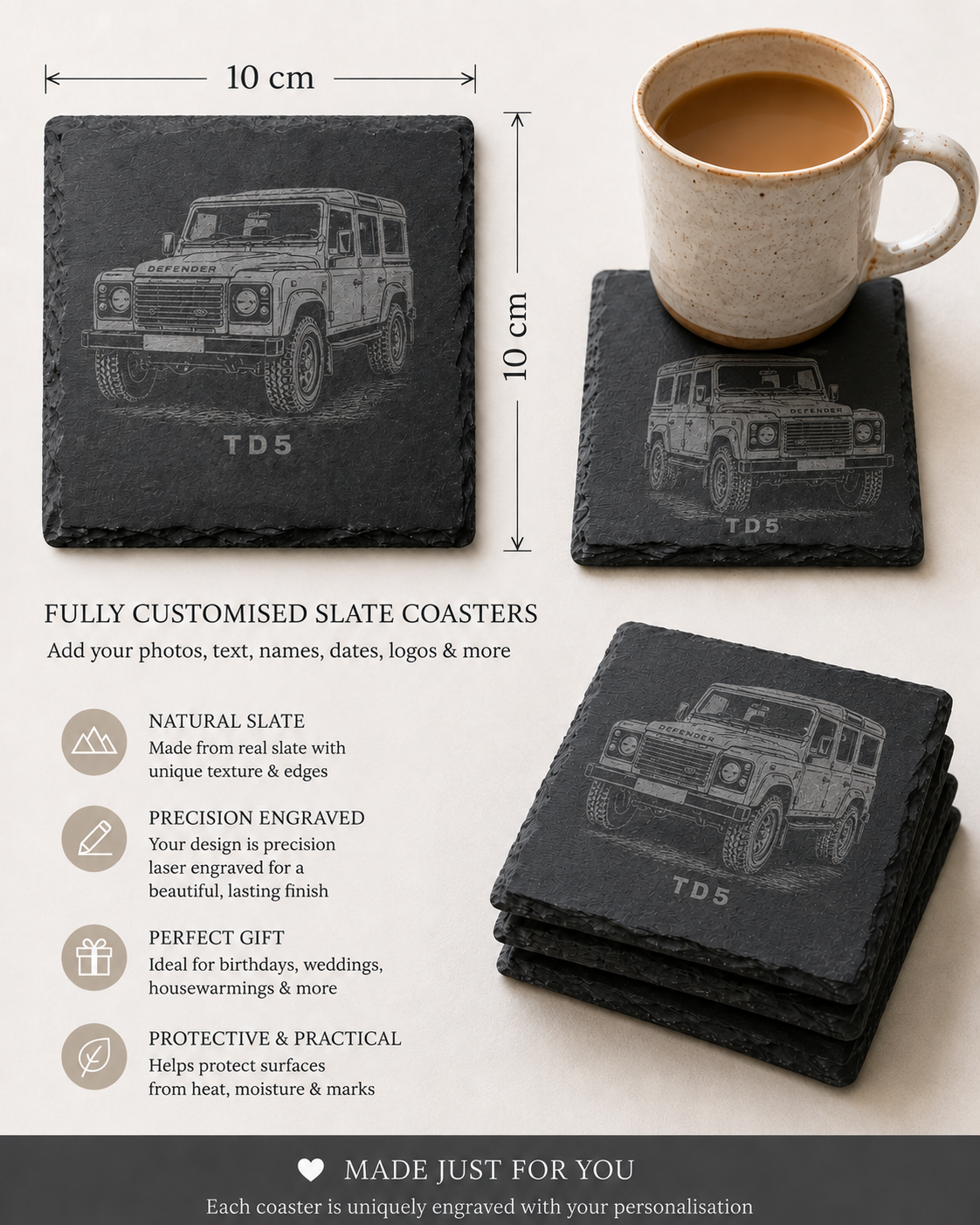 Highland Farmhouse Gift Land Rover Defender Slate Coasters – alternate angle, Croft & Cleo