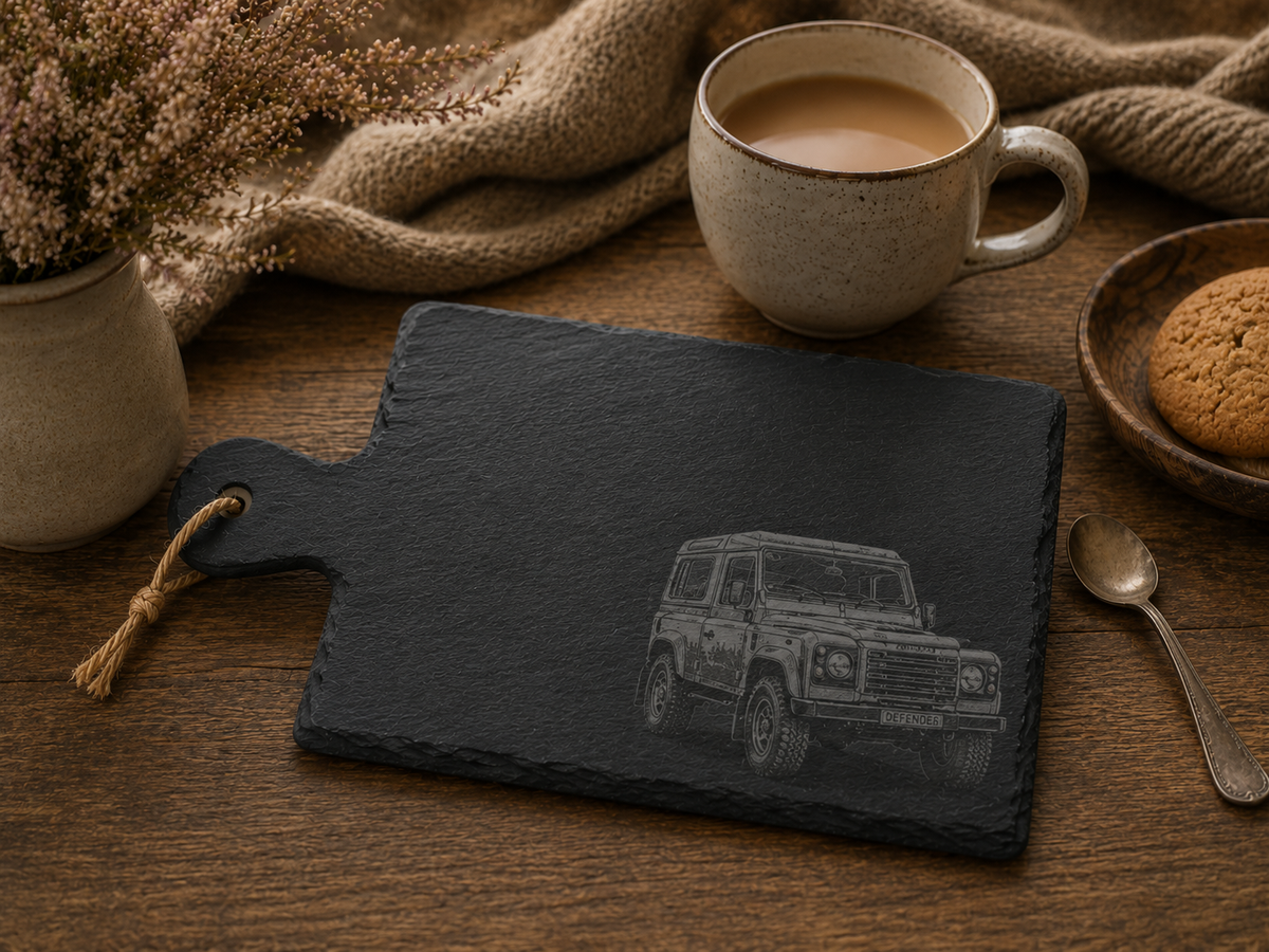 Land Rover Defender Engraved Portrait Slate Serving Tray – shown with matching pieces, Croft & Cleo