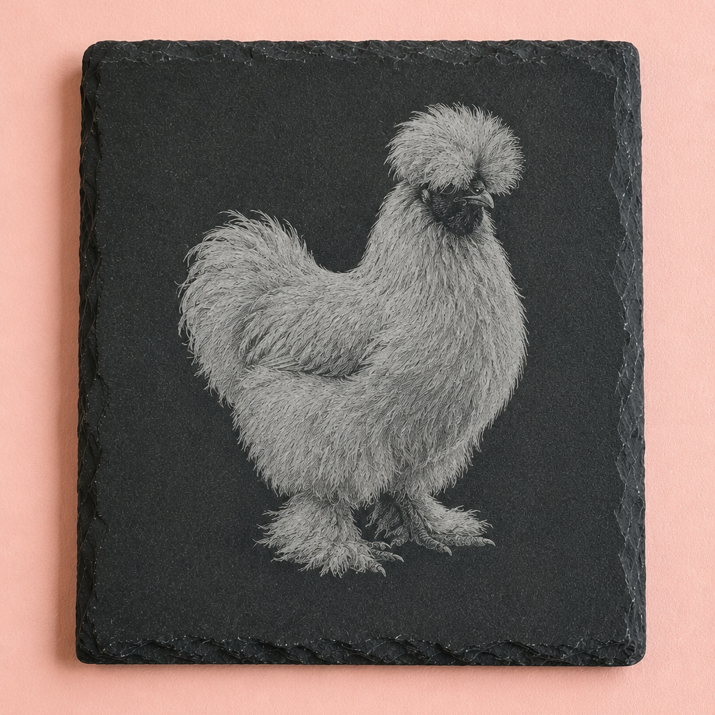 Silkie Chicken engraved slate coaster, single, Highland farmhouse gift, Croft & Cleo