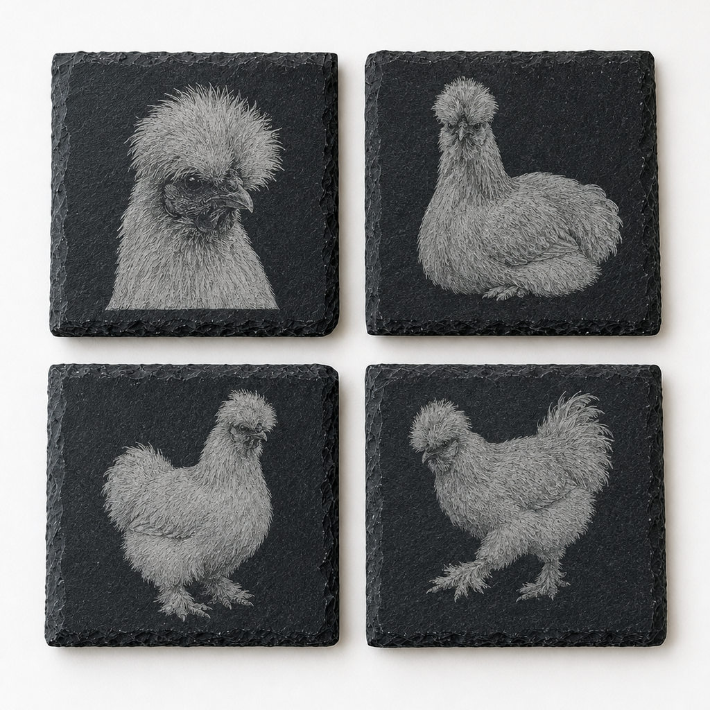 Silkie Chicken engraved slate coasters, set of 4, Highland farmhouse gift, Croft & Cleo