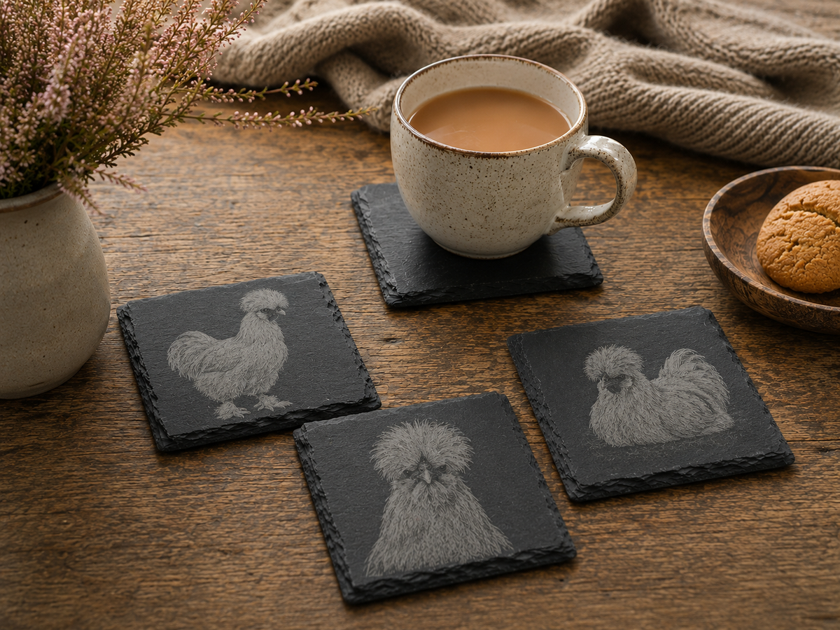 Silkie Chicken engraved slate coasters, Highland farmhouse gift, Croft & Cleo