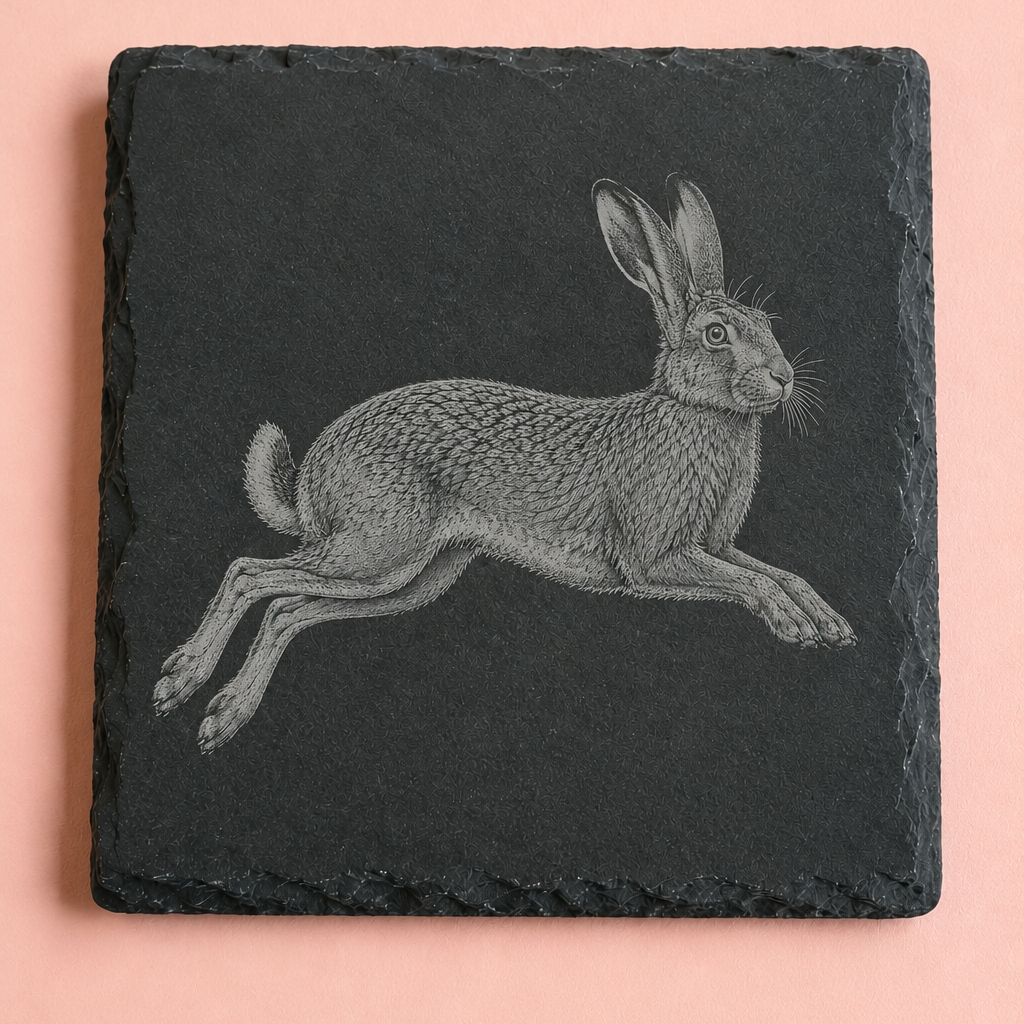 A square black slate coaster featuring a detailed gray illustration of a leaping hare, displayed on a solid pink background.