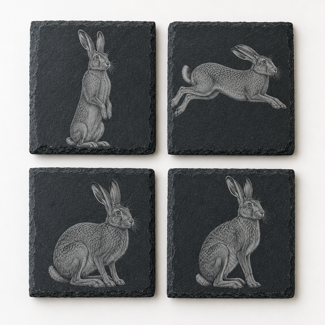 Four square dark slate coasters arranged in a 2x2 grid on a white background, each featuring a different gray-toned illustration of a rabbit in a naturalistic pose.