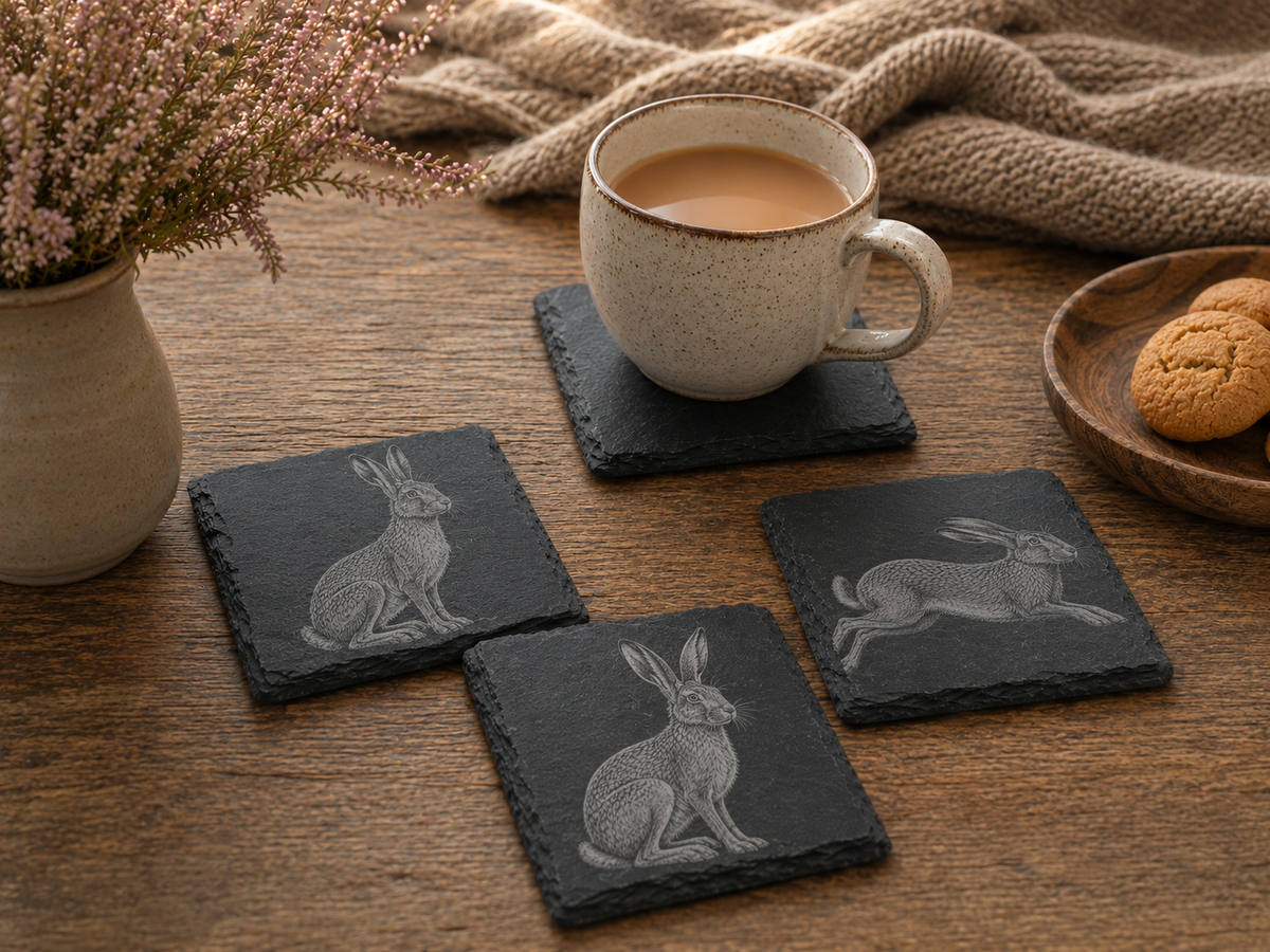 Hare engraved slate coasters, Highland farmhouse gift, Croft & Cleo