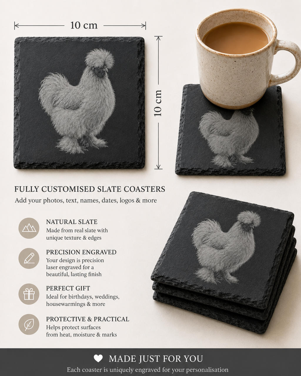 Silkie Chicken Slate Coasters, Highland Farmhouse Gift, Engraved Chicken Portrait