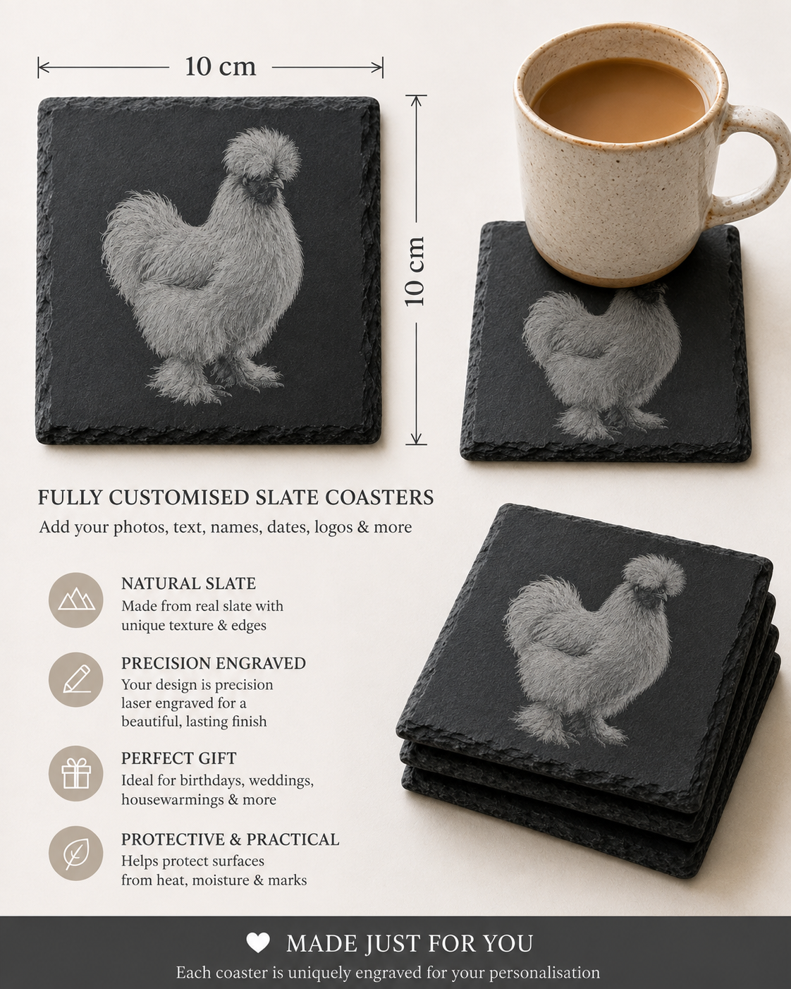 Silkie Chicken Slate Coasters, Highland Farmhouse Gift, Engraved Chicken Portrait