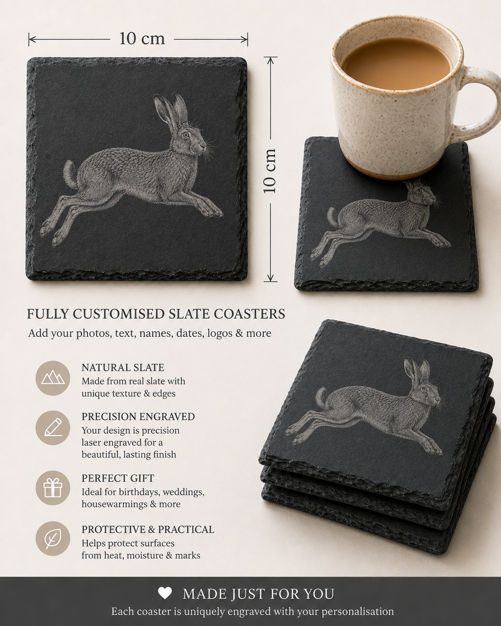 Hare Slate Coasters, Highland Farmhouse Gift, Engraved Hare Portrait
