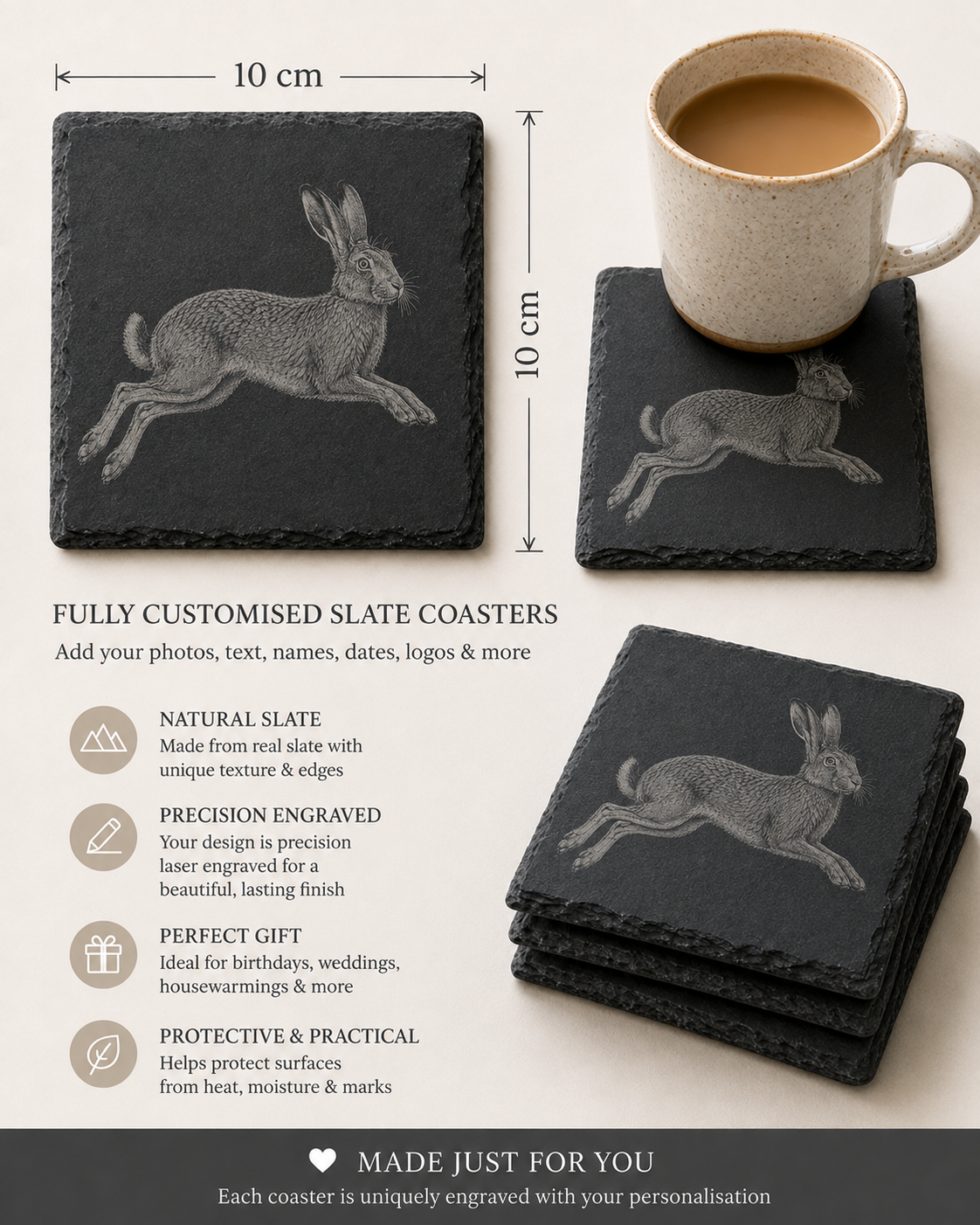 Hare Slate Coasters, Highland Farmhouse Gift, Engraved Hare Portrait