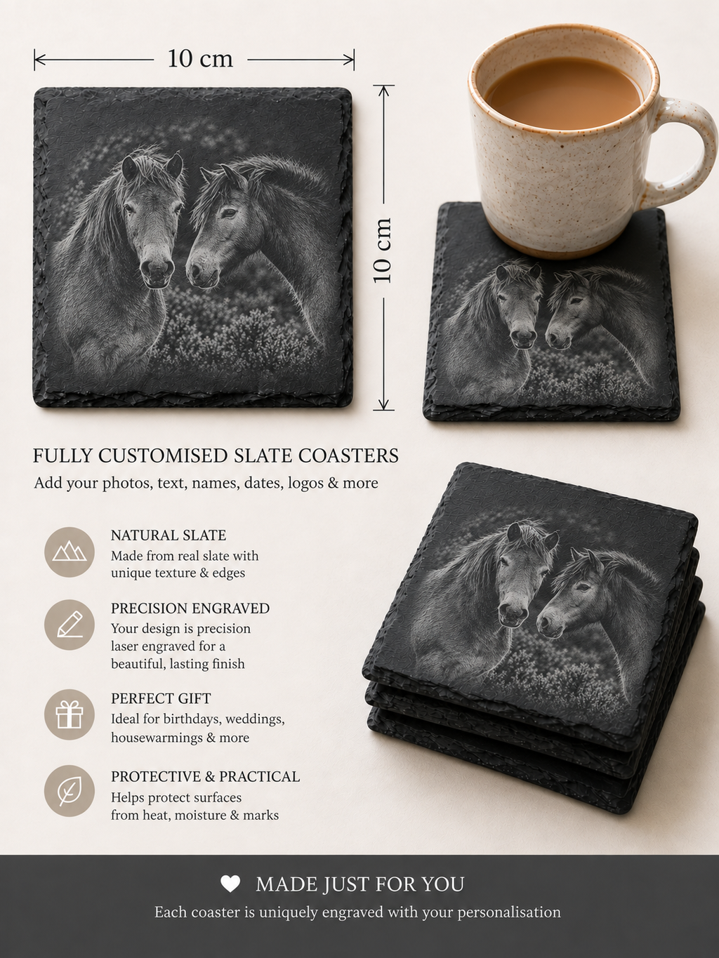Exmoor Pony engraved Highland slate coasters and serving tray, Croft & Cleo