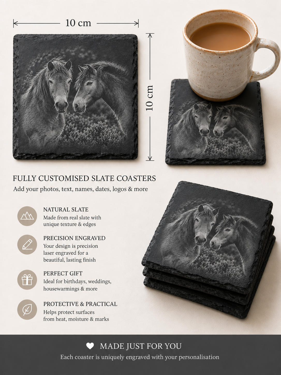 Exmoor Pony engraved Highland slate coasters and serving tray, Croft & Cleo