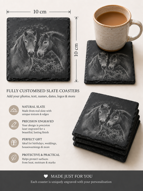 Exmoor Pony engraved Highland slate coasters and serving tray, Croft & Cleo