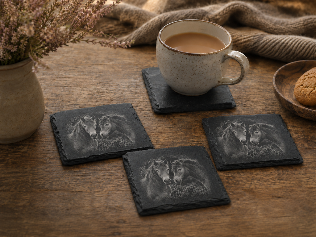 Exmoor Pony engraved Highland slate coasters and serving tray, Croft & Cleo