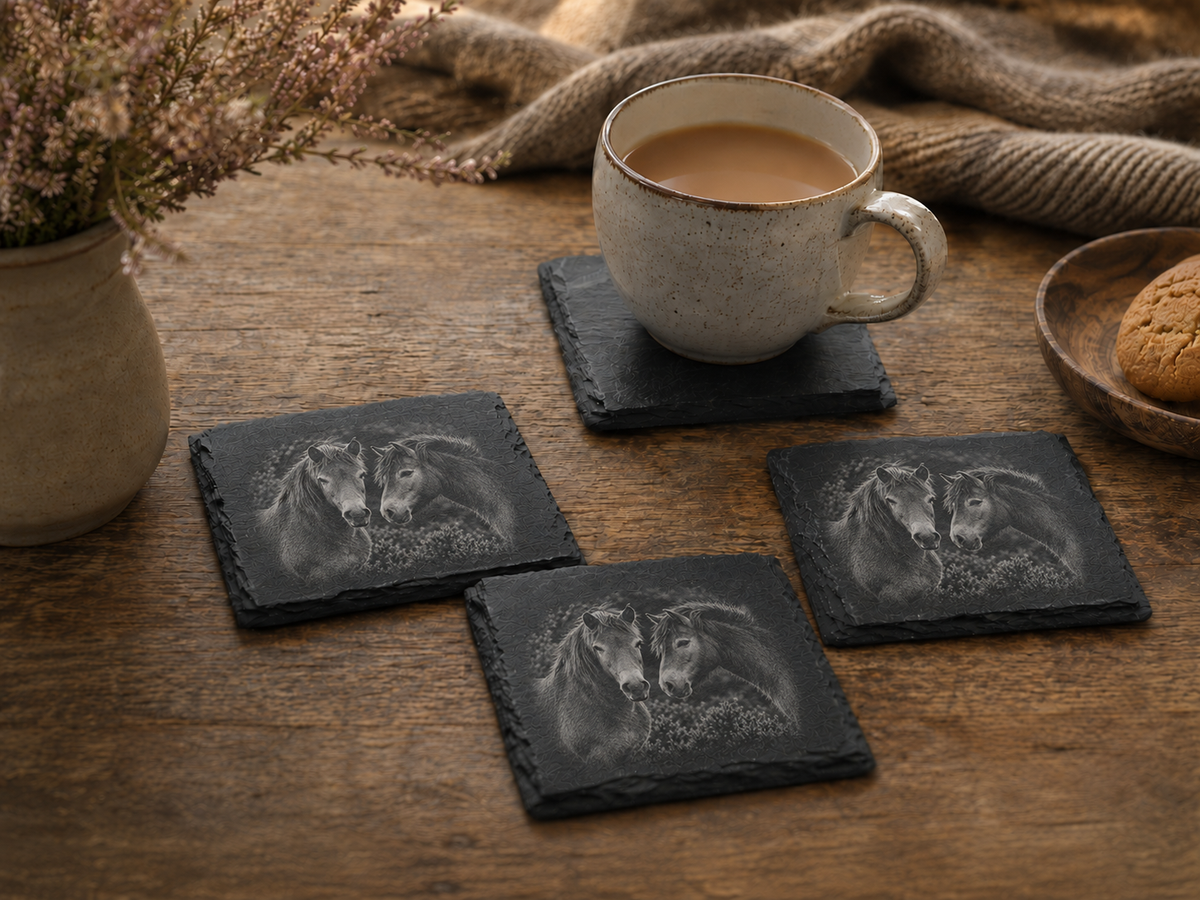 Exmoor Pony engraved Highland slate coasters and serving tray, Croft & Cleo