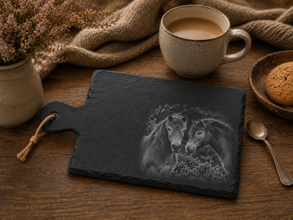 Exmoor Pony engraved Highland slate coasters and serving tray, Croft & Cleo
