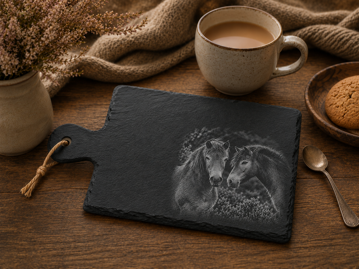 Exmoor Pony engraved Highland slate coasters and serving tray, Croft & Cleo