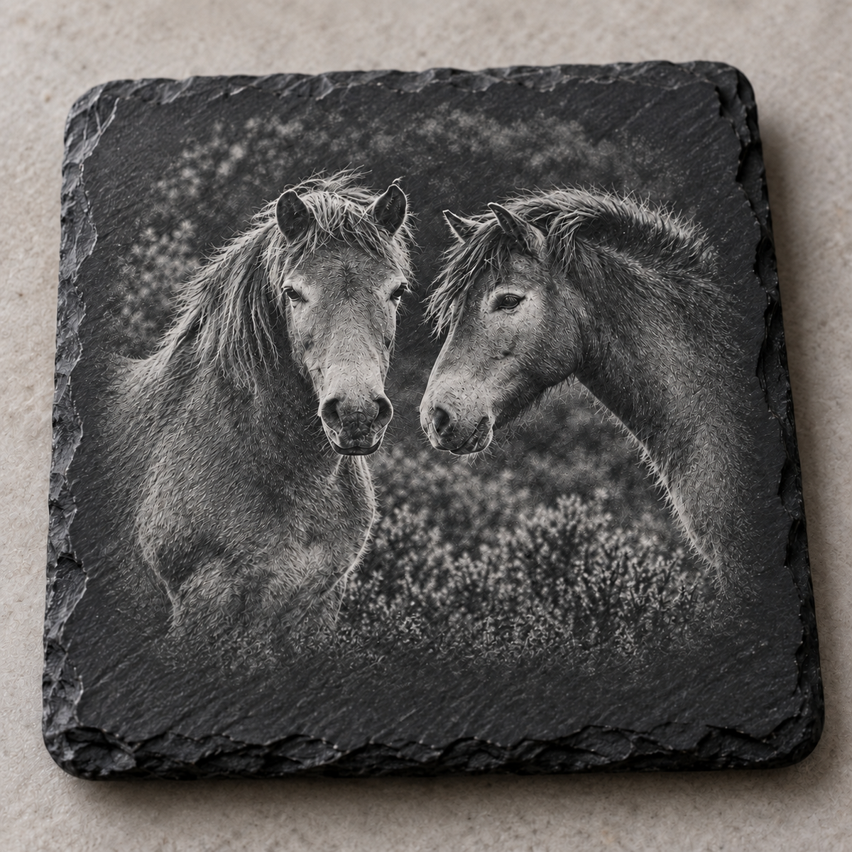 Exmoor Pony engraved Highland slate coasters and serving tray, Croft & Cleo