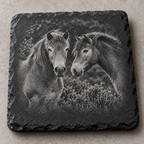 Exmoor Pony engraved Highland slate coasters and serving tray, Croft & Cleo