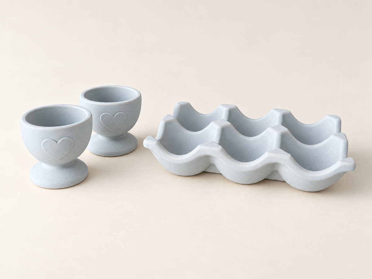 Egg Holder & Egg Cup Set, Scalloped Handmade Jesmonite, Kitchen Countertop Decor