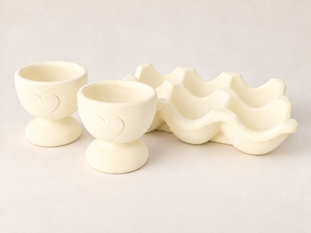 Egg Holder & Egg Cup Set, Scalloped Handmade Jesmonite, Kitchen Countertop Decor