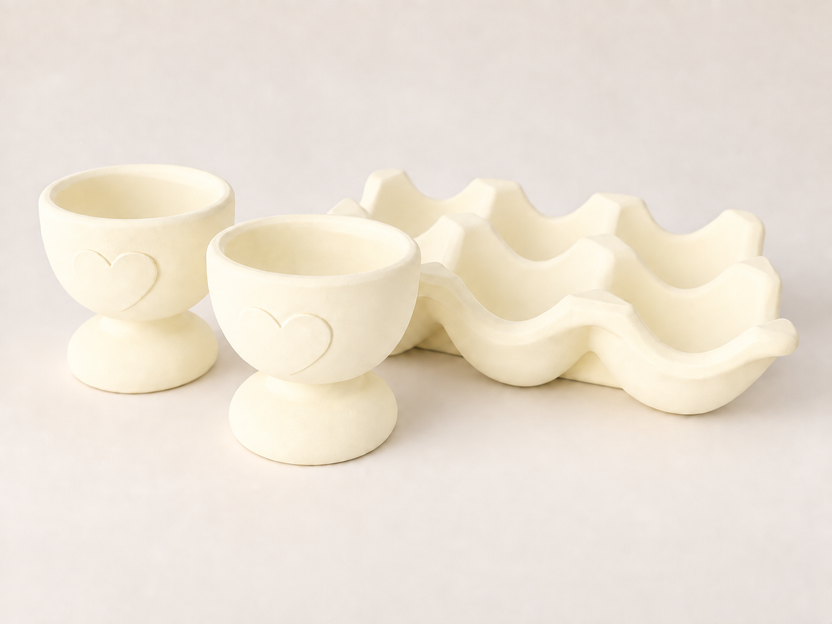 Egg Holder & Egg Cup Set, Scalloped Handmade Jesmonite, Kitchen Countertop Decor