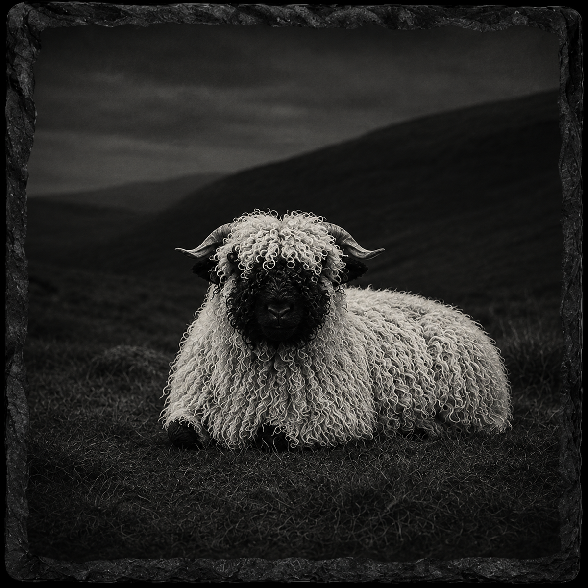 Engraving design reference — Valais Blacknose sheep portrait, 'Resting in the Heather', Croft & Cleo
