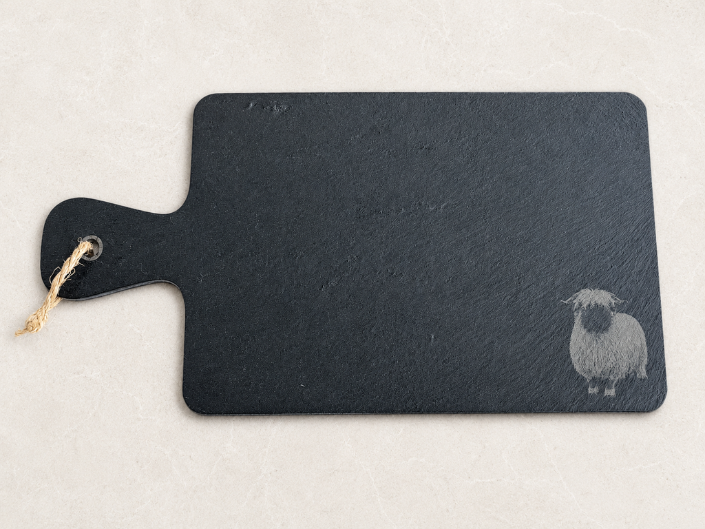 Valais Blacknose Sheep Engraved Portrait Slate Serving Tray – close-up detail, Croft & Cleo