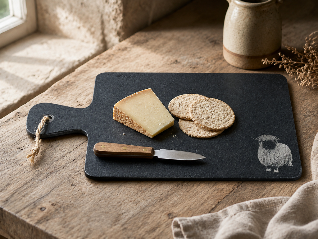 Valais Blacknose Sheep engraved slate serving tray, Highland farmhouse gift, Croft & Cleo