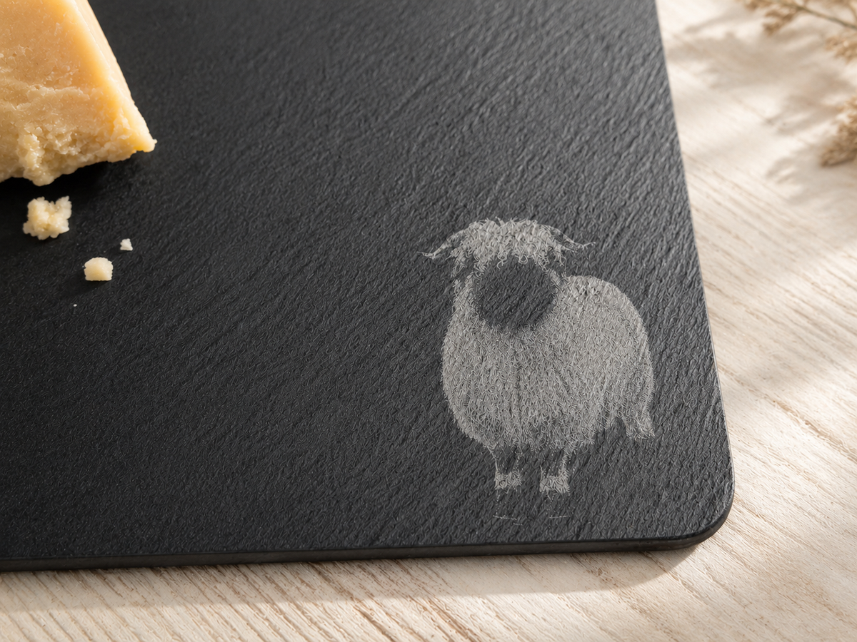 Valais Blacknose Sheep Engraved Portrait Slate Serving Tray – shown with matching pieces, Croft & Cleo
