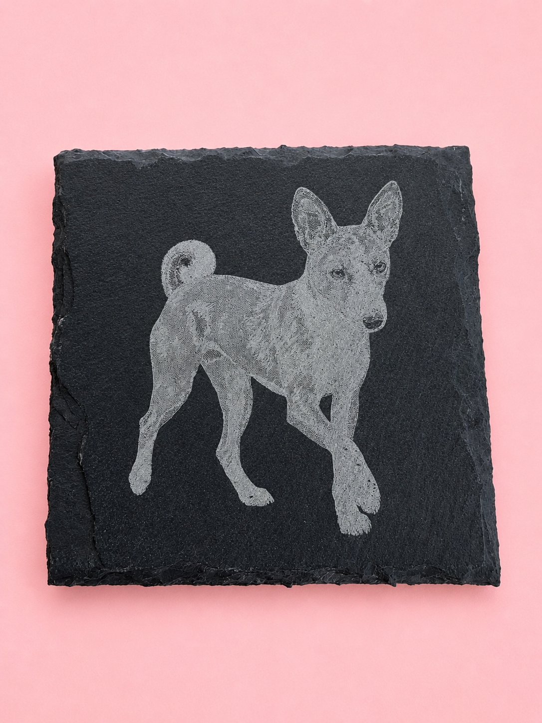 Highland Farmhouse Gift Basenji Dog Slate Coasters – close-up detail, Croft & Cleo
