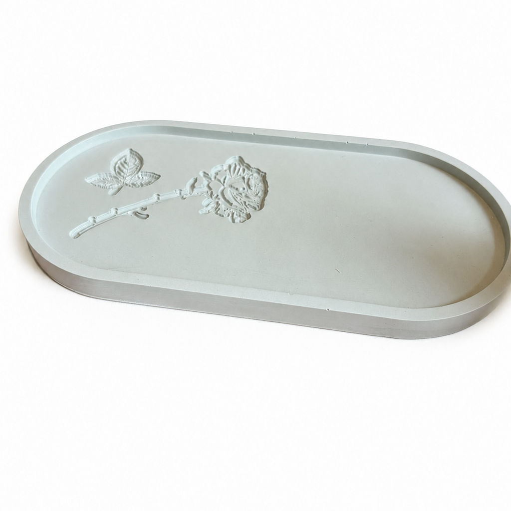 Engraved Rose Sage Jesmonite Oval Trinket Dish – alternate angle, Croft & Cleo