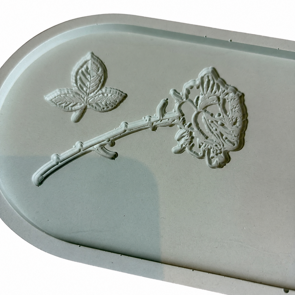 Engraved Rose Sage Jesmonite Oval Trinket Dish – close-up of rose engraving, Croft & Cleo