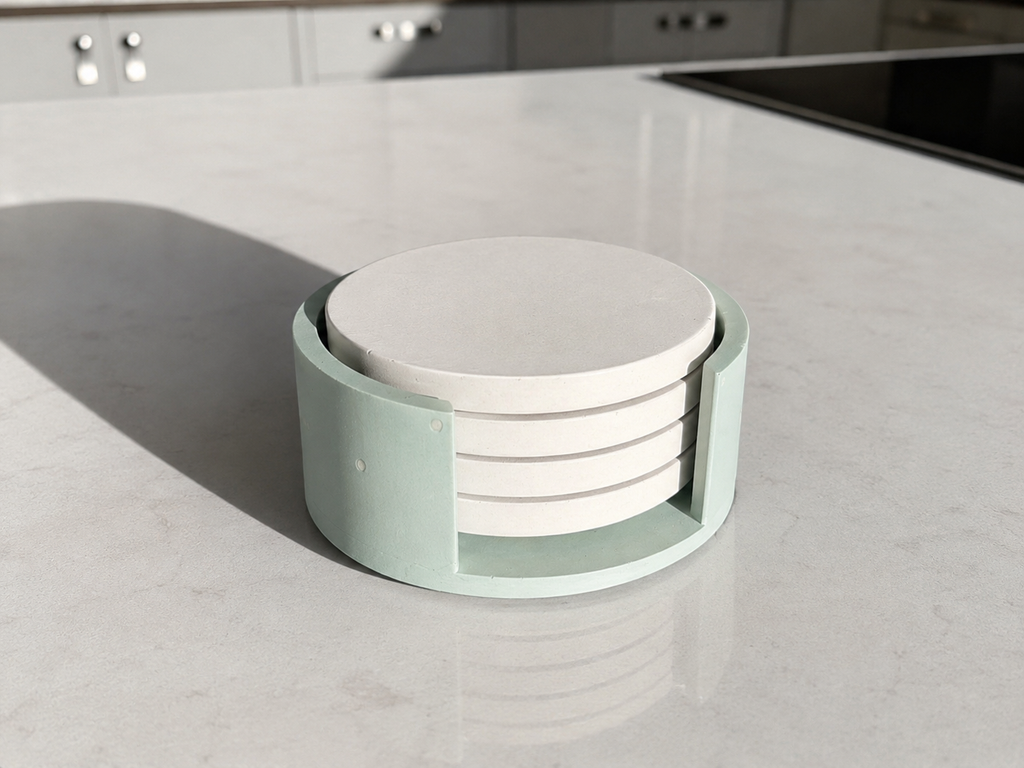 Neutral Handmade Home Decor Round Jesmonite Coaster Set with Sage Green Holder, Croft & Cleo