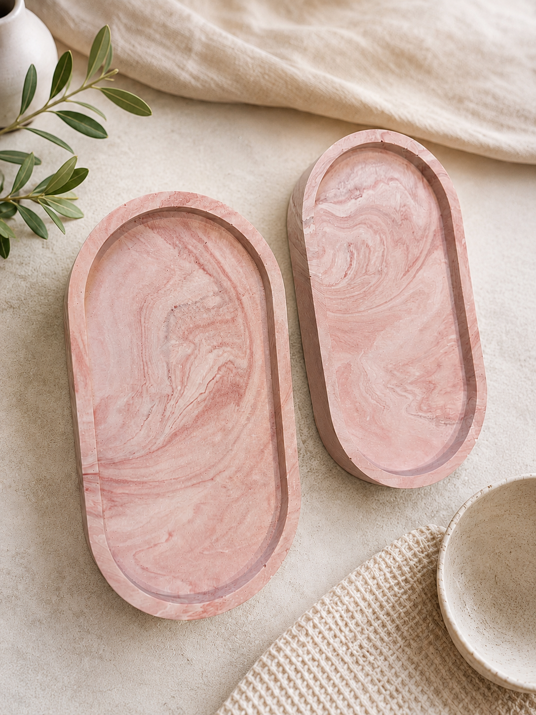 Handmade merlot marble Jesmonite oval tray, styled on a dressing table, Croft & Cleo