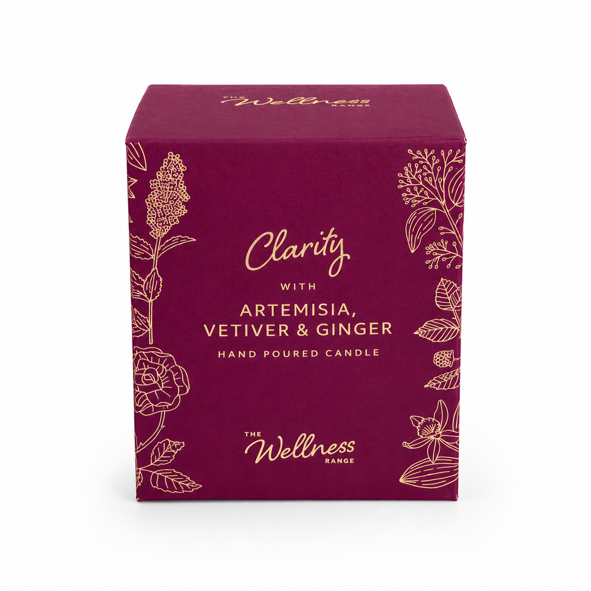 Clarity Wellness glass candle — lit, casting a warm glow, Croft & Cleo