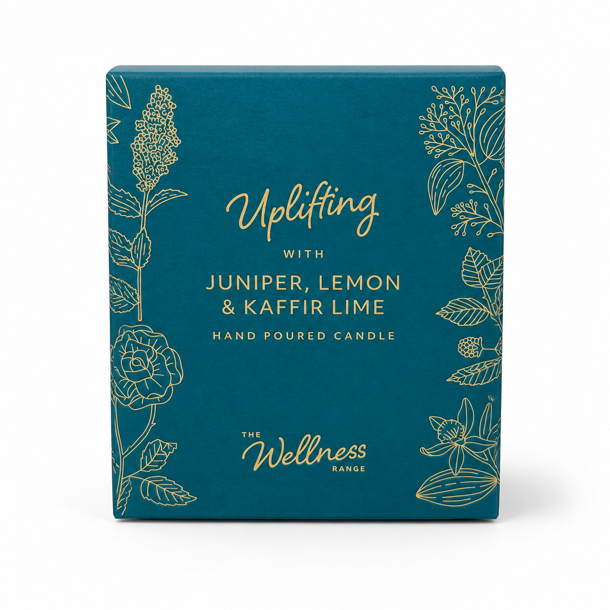 Uplifting Wellness glass candle — lit, casting a warm glow, Croft & Cleo