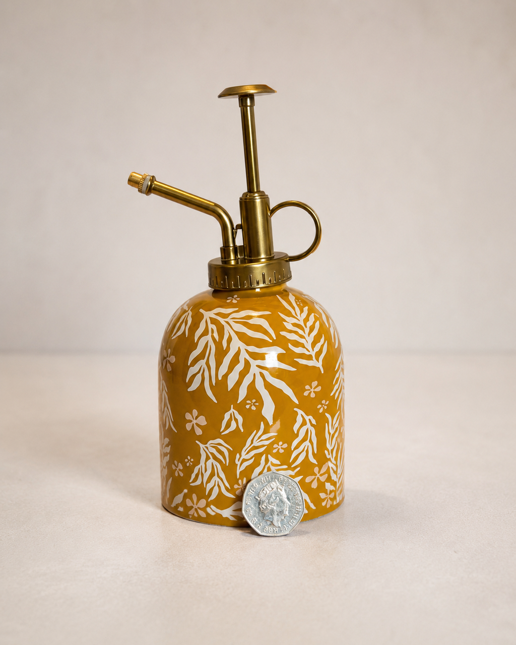 Wild Leaf Yellow Ceramic Plant Mister – close-up detail, Croft & Cleo