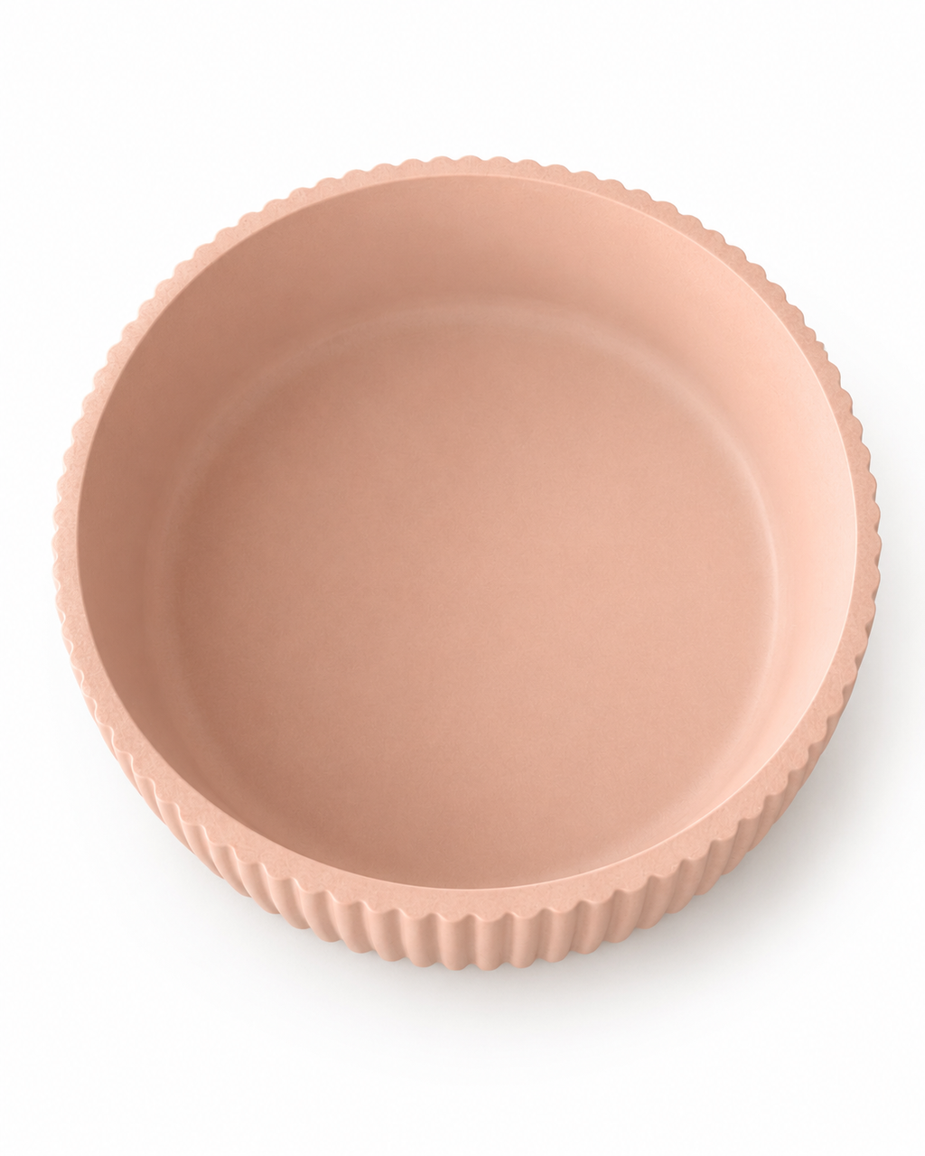 A round, shallow pink bowl with a fluted or scalloped rim, shown from a top-down perspective on a clean white background.