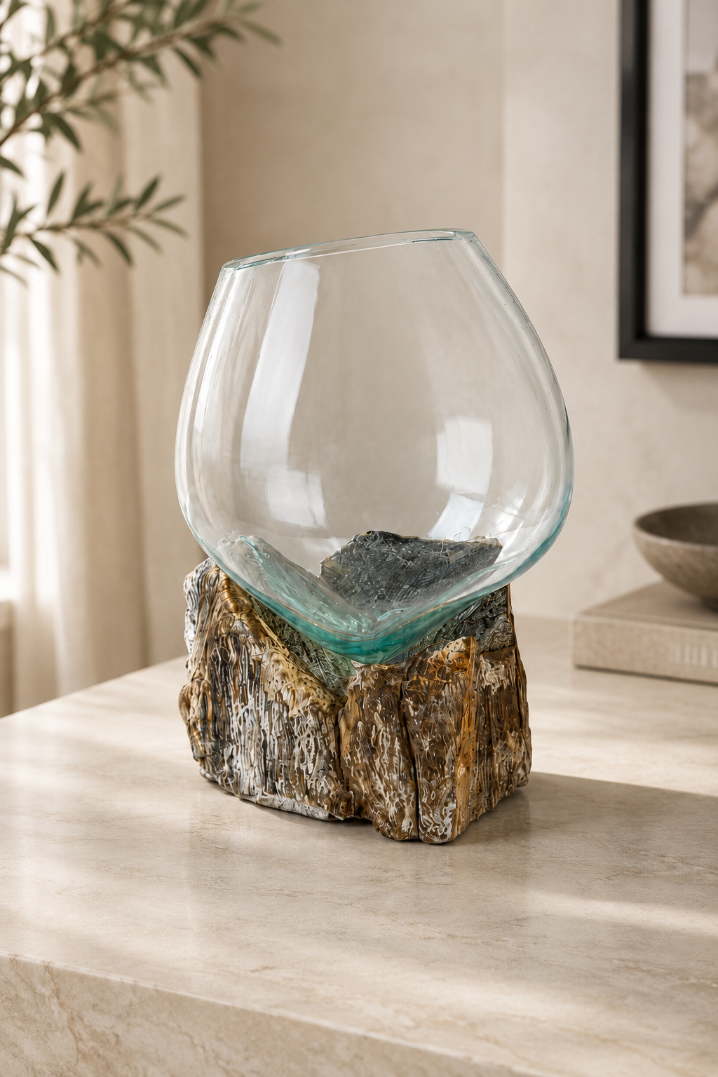 Molten Glass Bowl on Bleached Wood — Large Statement Piece, full product shot, Croft & Cleo